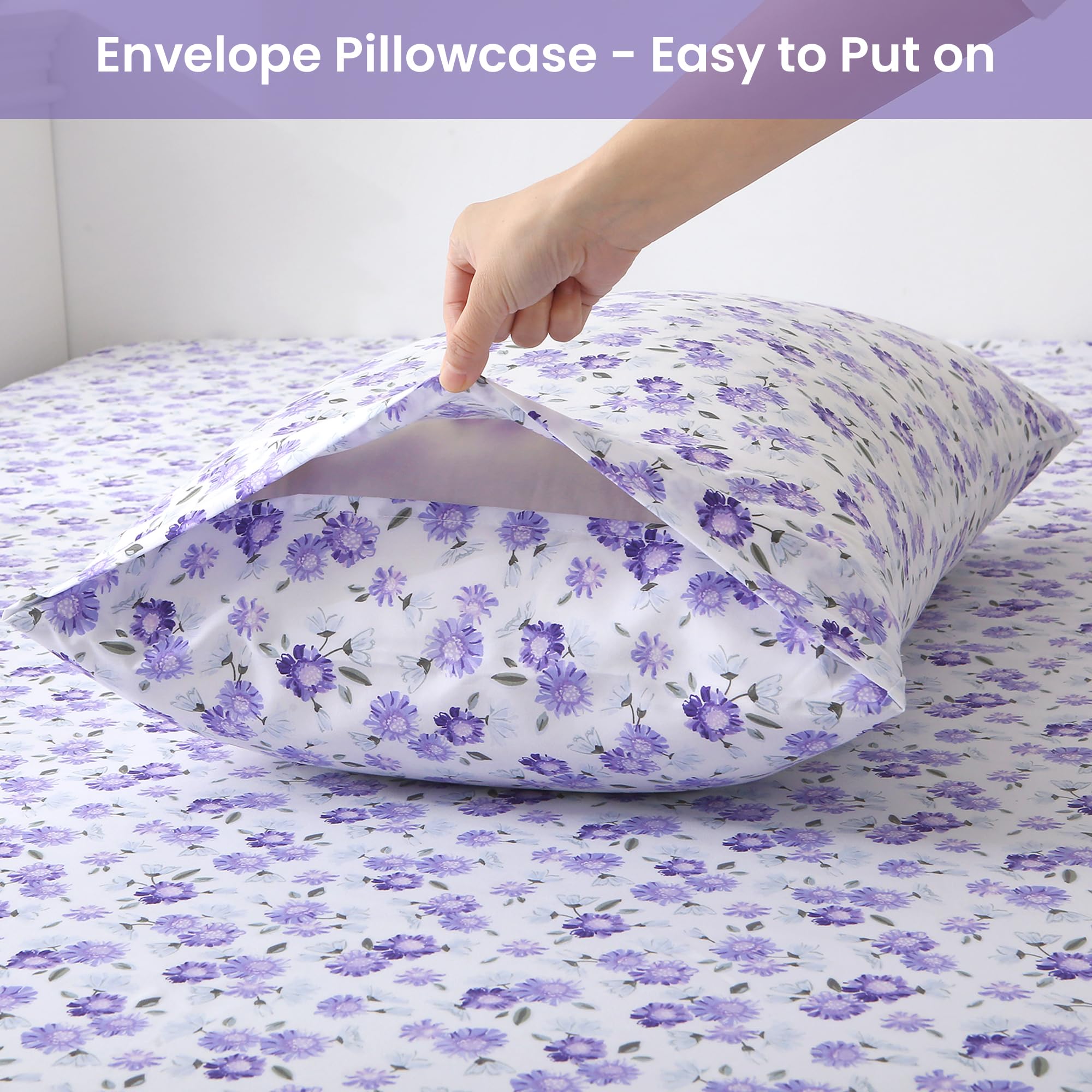 4 Piece Vintage Purple and White Flower Patterned Bed Sheets Set