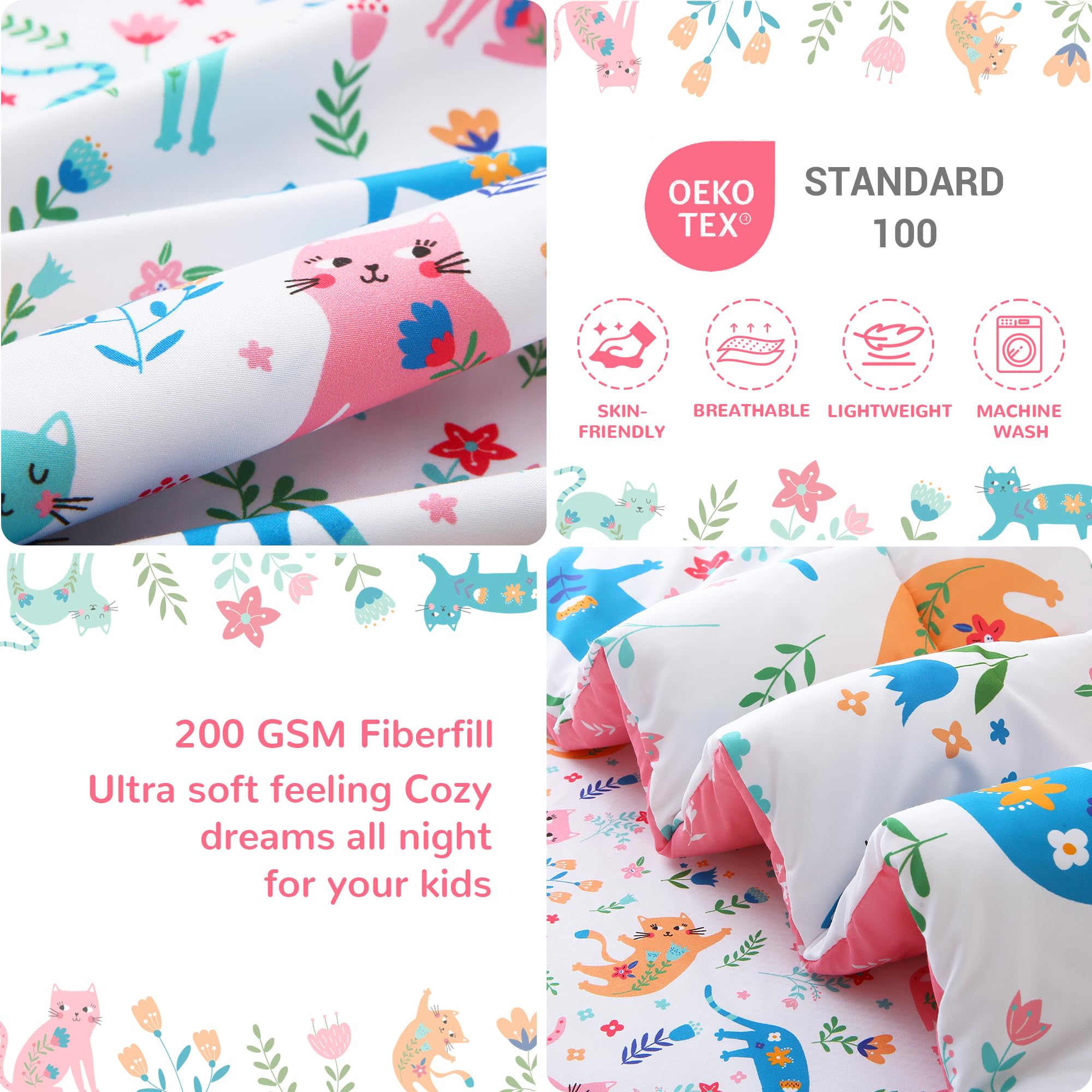 Floral Cat Toddler Comforter Set– 4 Piece