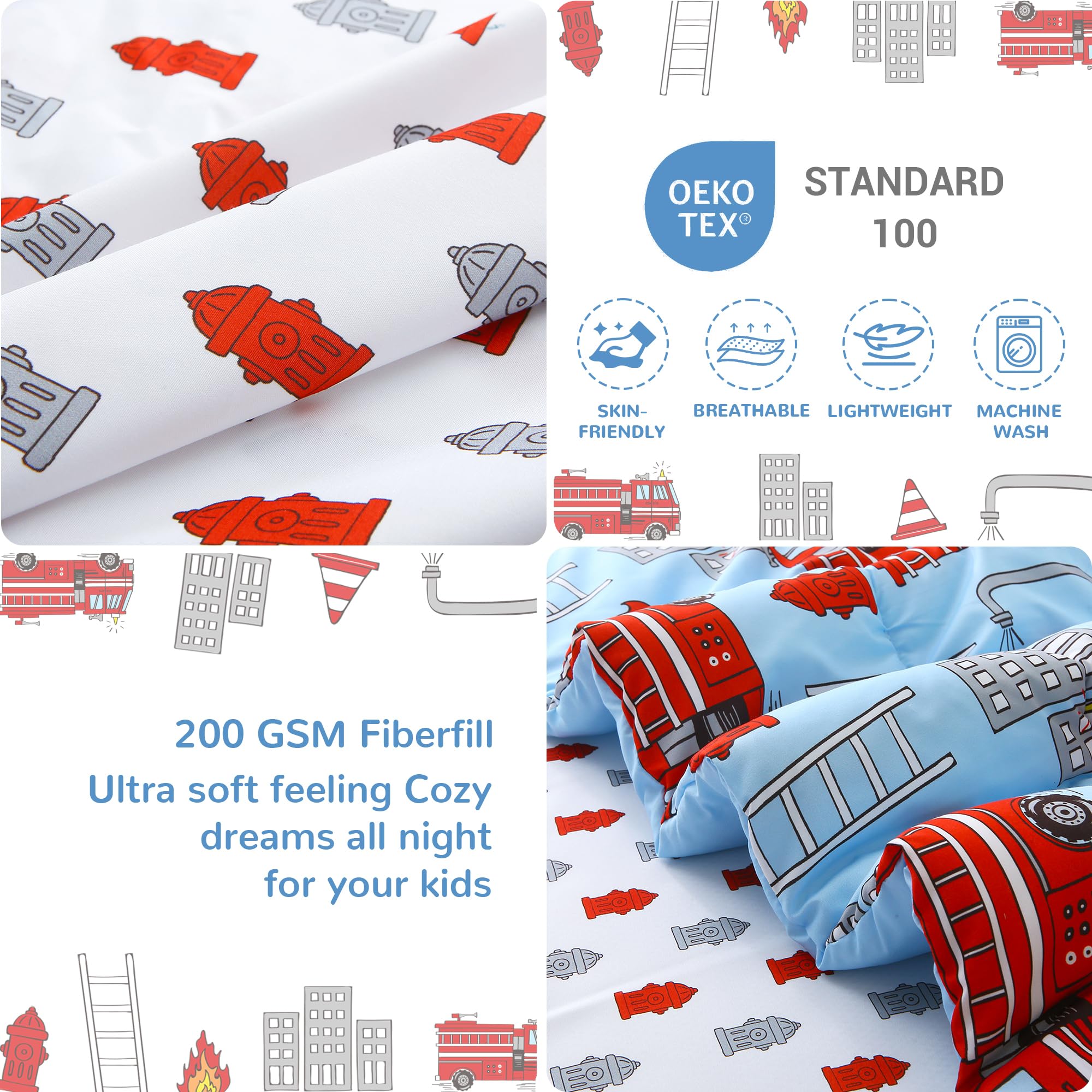 Blue Fire Truck Toddler Comforter Set– 4 Piece