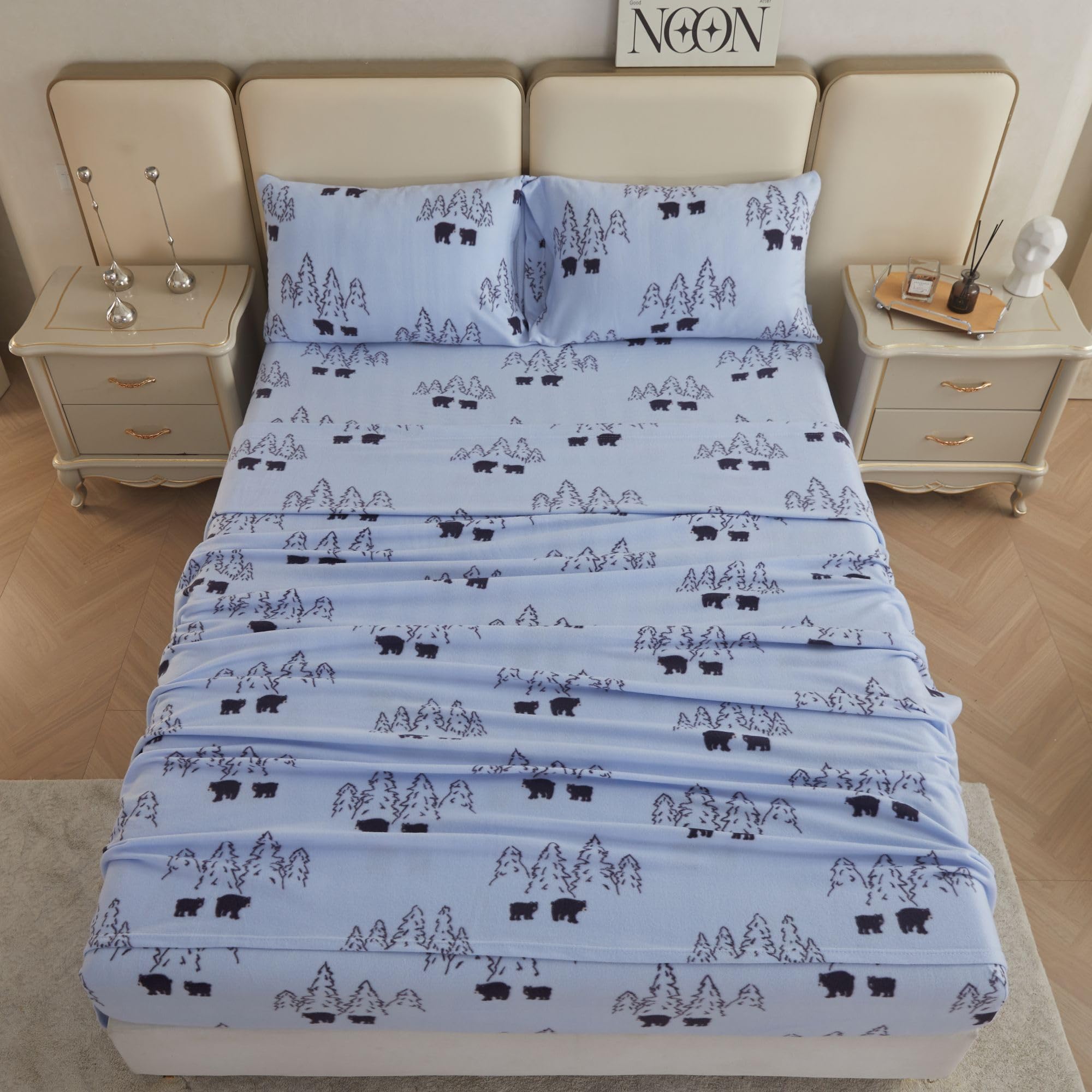 Blue Bear Printed Micro Fleece Bed Sheet Set