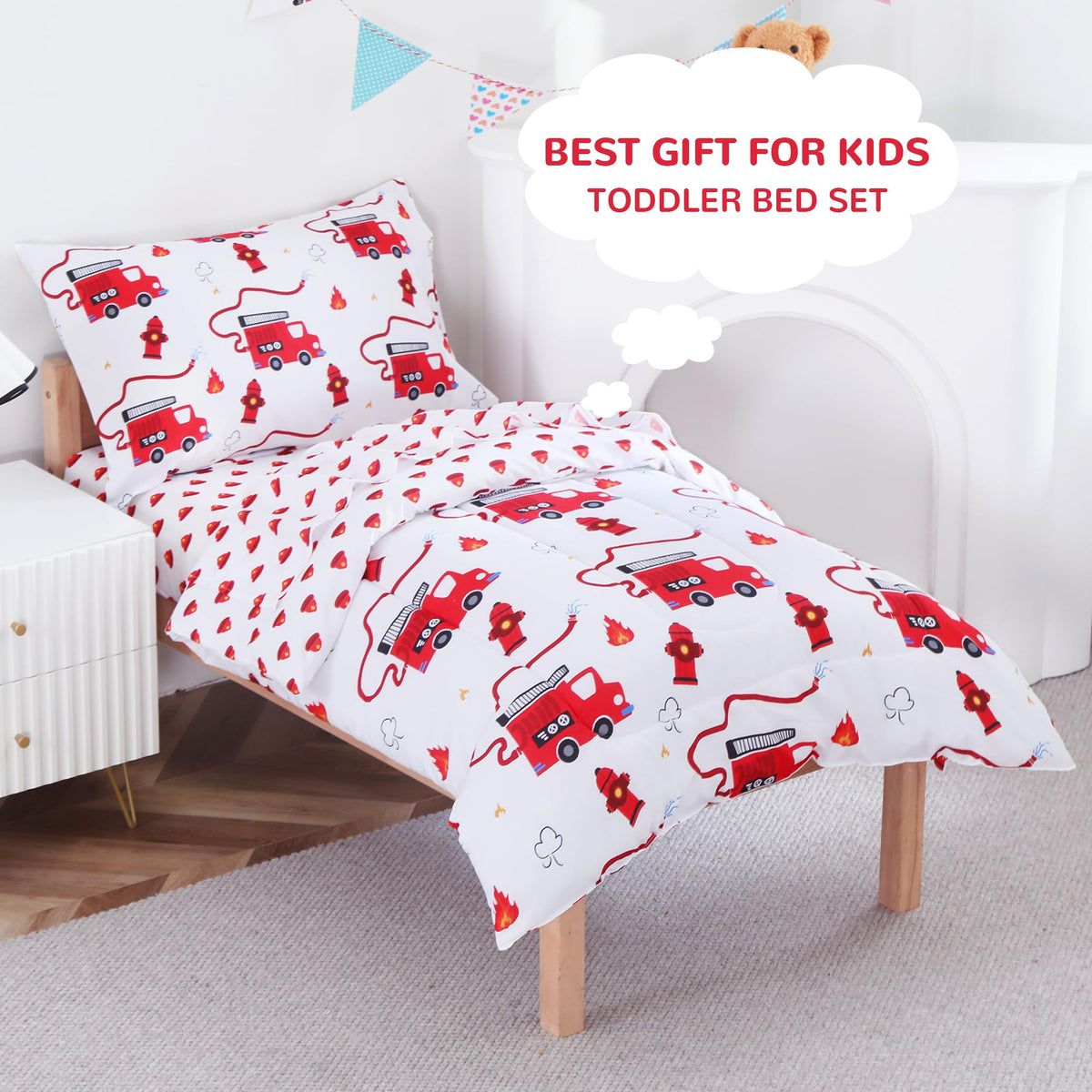 Fire Truck Toddler Comforter Set– 4 Piece