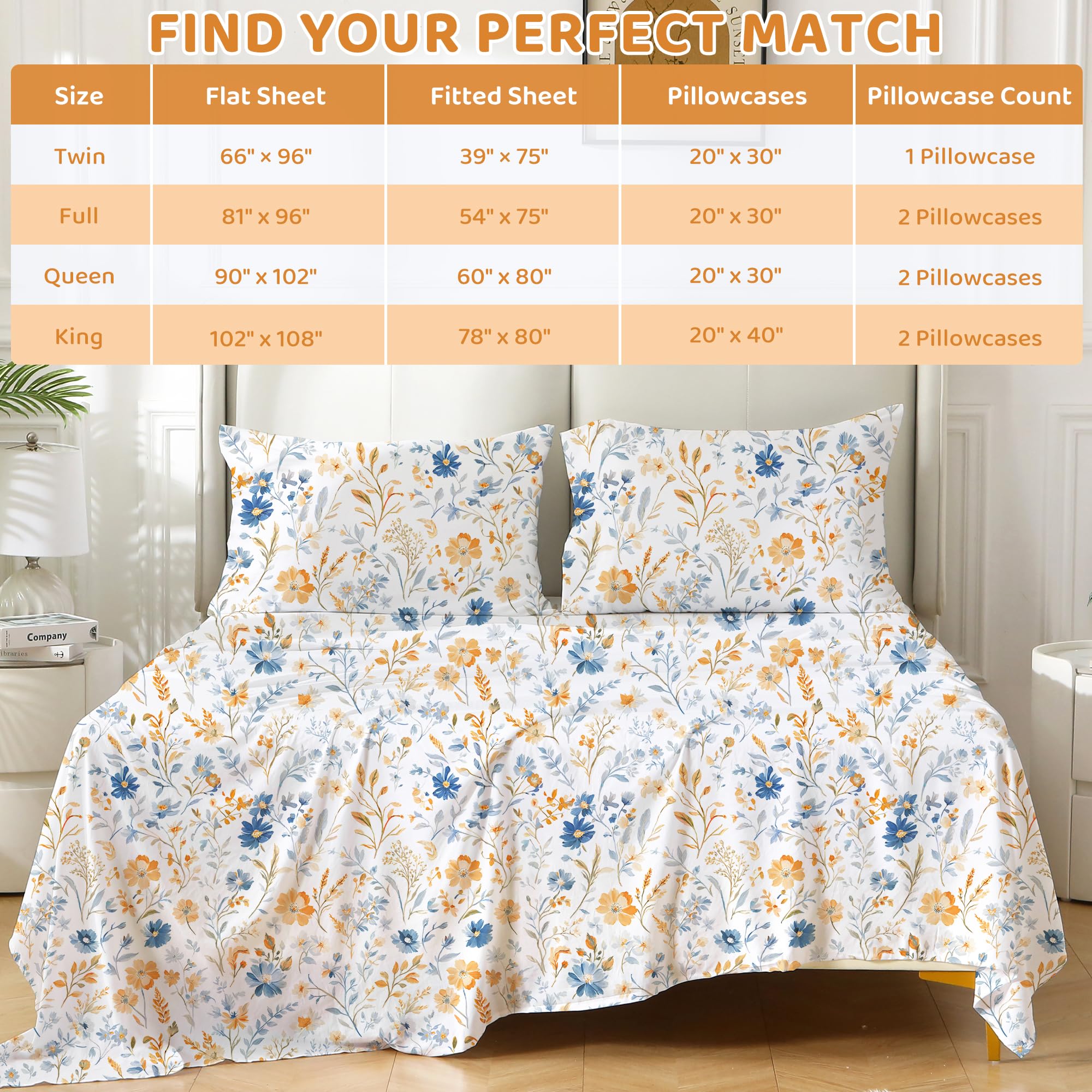 4 Piece Blue Yellow Flower Patterned Bed Sheets Set