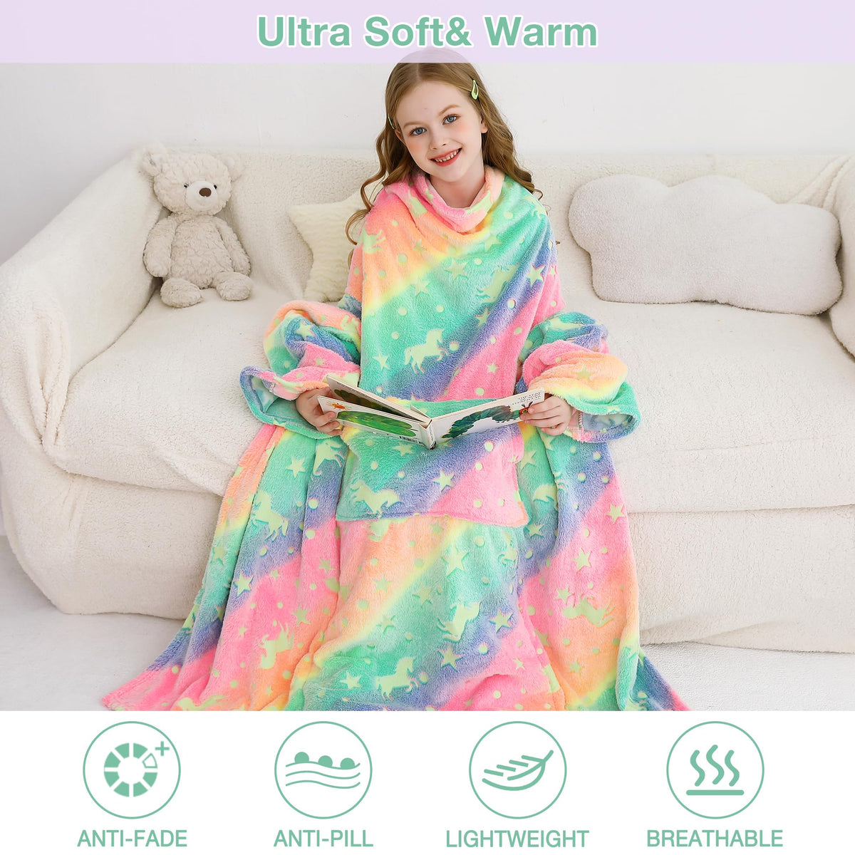 Colorful Unicorn Kids Wearable Fleece Blanket with Sleeves & Foot Pocket