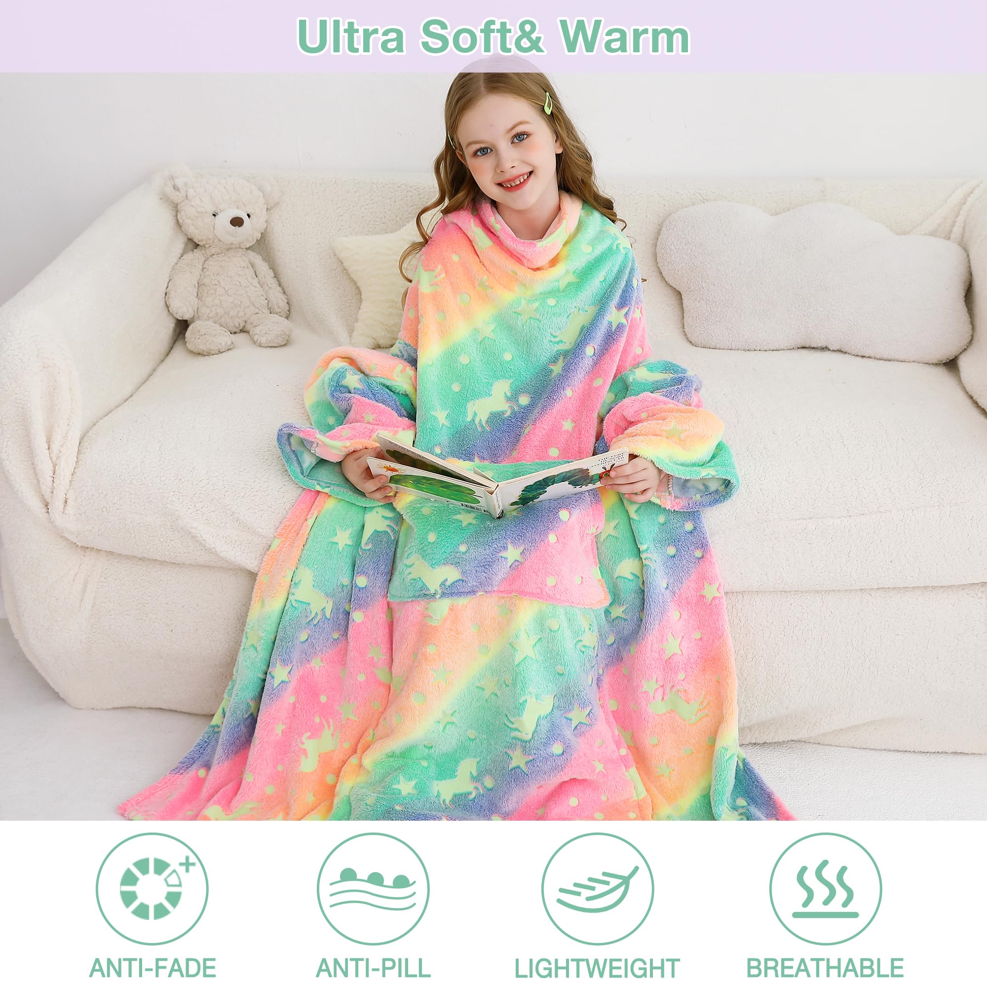 Colorful Unicorn Kids Wearable Fleece Blanket with Sleeves & Foot Pocket