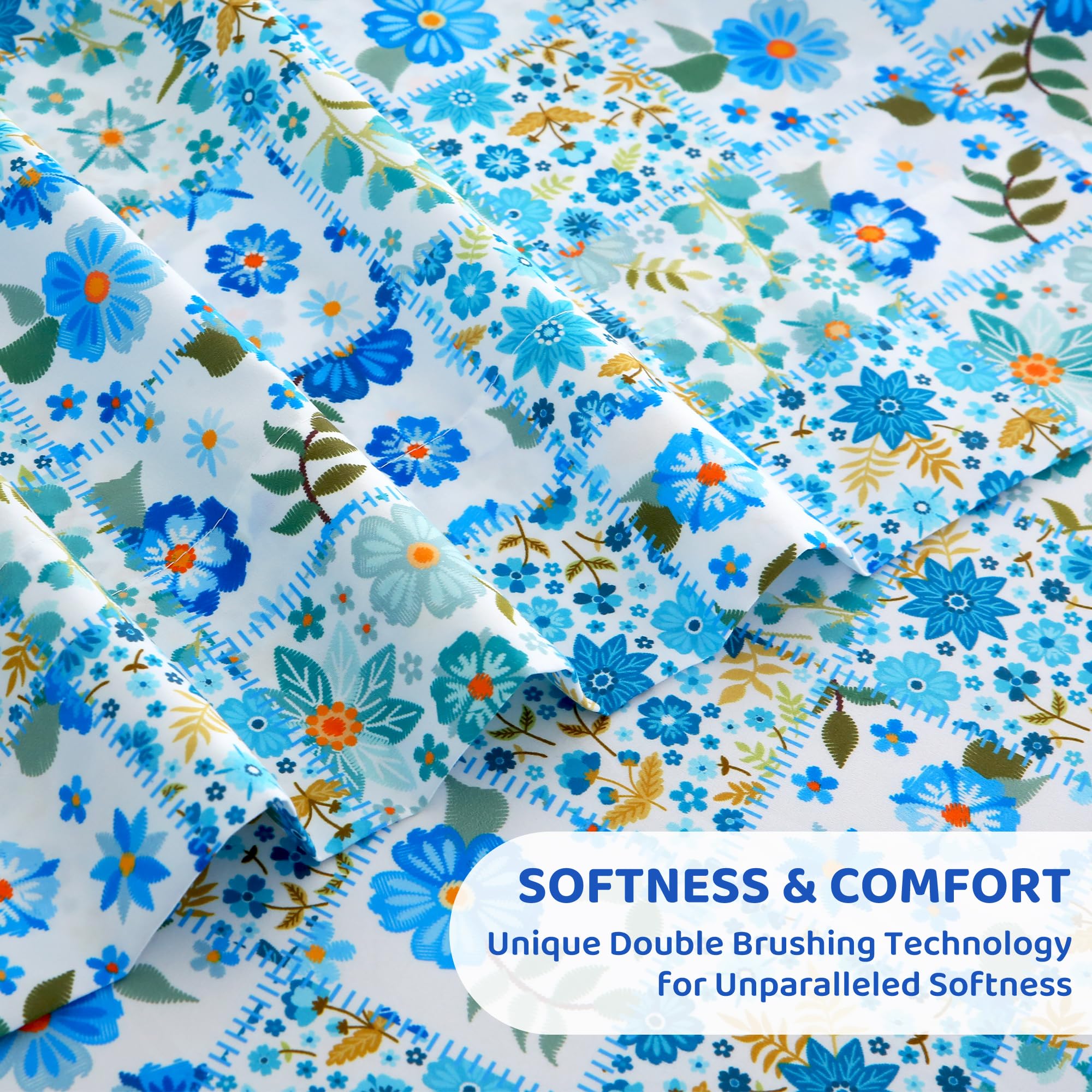 Blue Green Floral Patchwork Patterned Bed Sheets Set