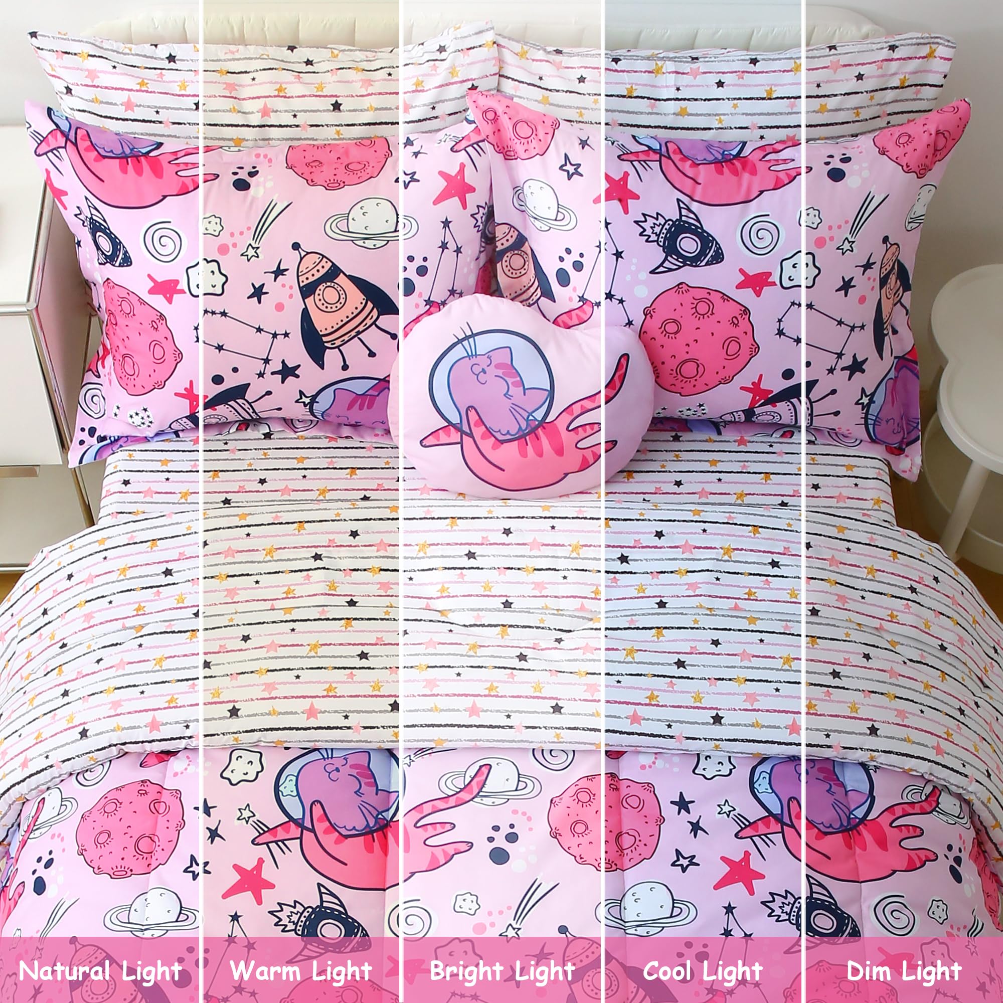 Pink Space Cat Comforter Sets for Kids– 6 or 8 Piece Options
