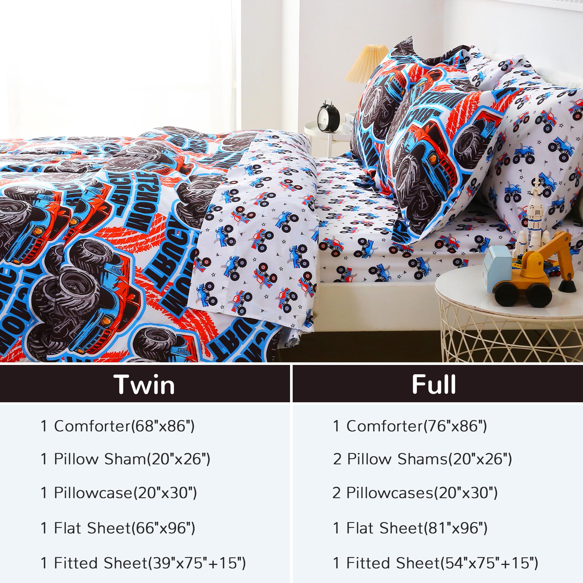 Monster Truck Kids Comforter Sets– 5 or 7 Piece Options