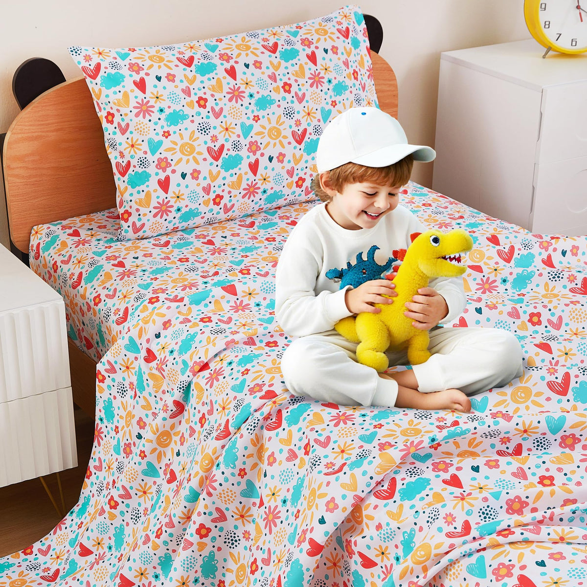 Colorful Flower Love Kids Microfiber Bed Sheet Set Deep Pocket Soft & Breathable