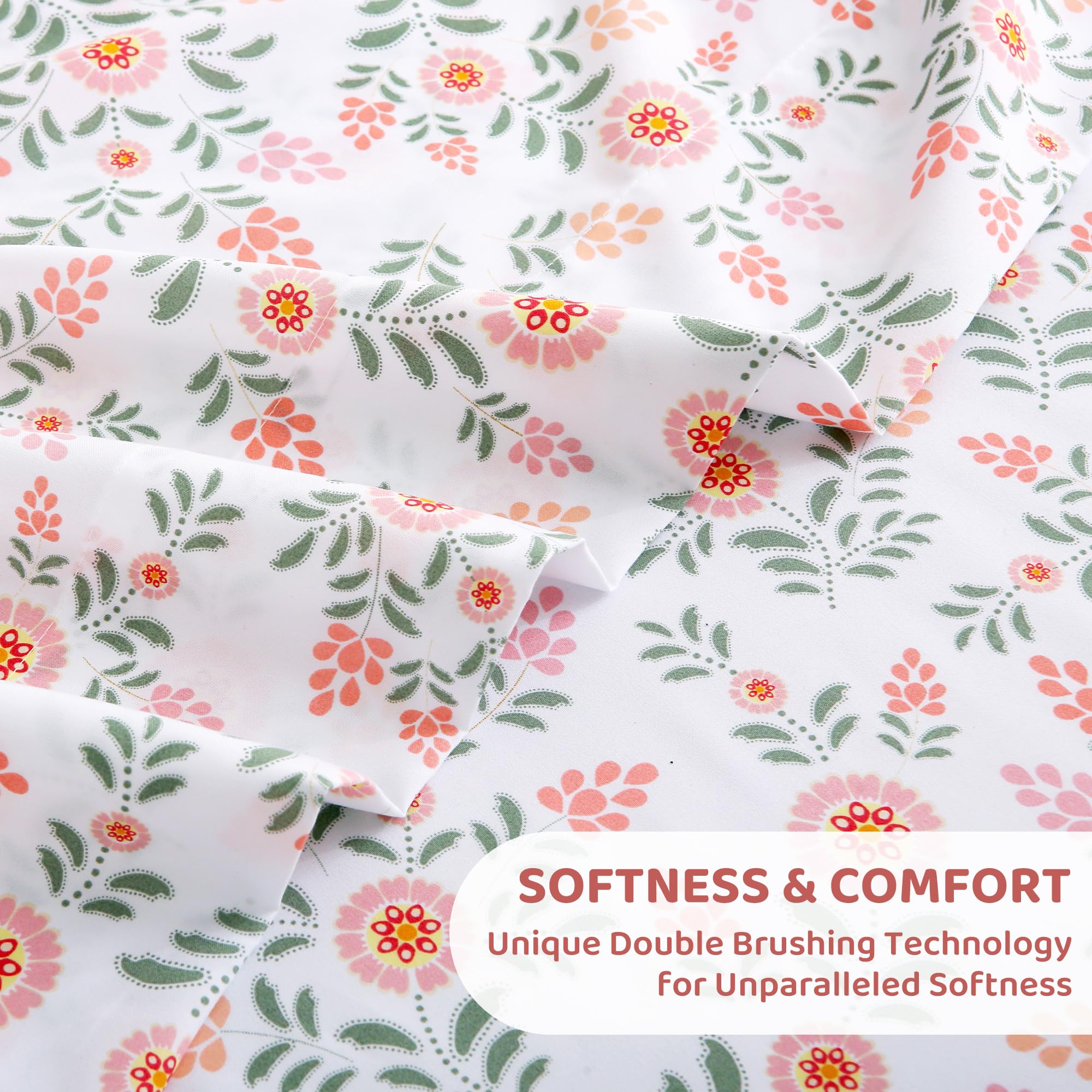4 Piece Pink Round Flowers Green Leaves Patterned Bed Sheets Set