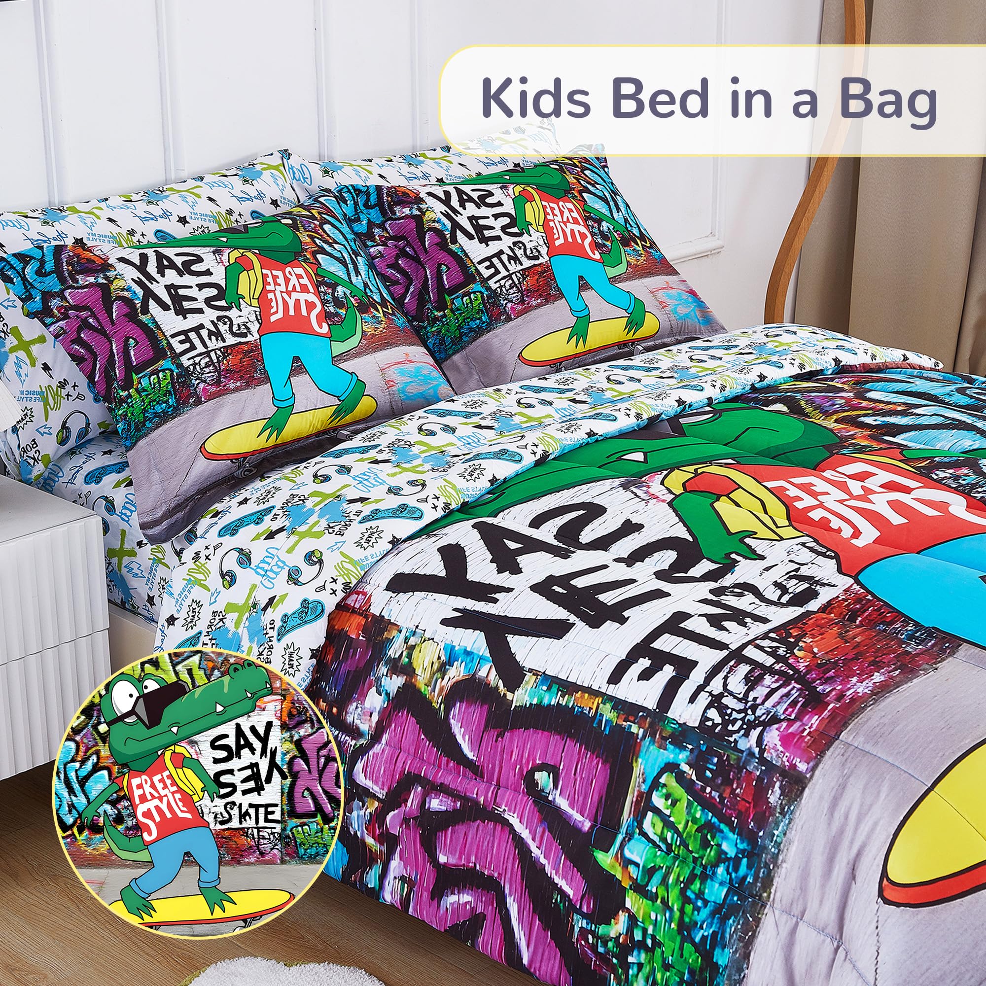 Cool Croc Skateboarder Kids Comforter Sets– 5 or 7 Piece Options