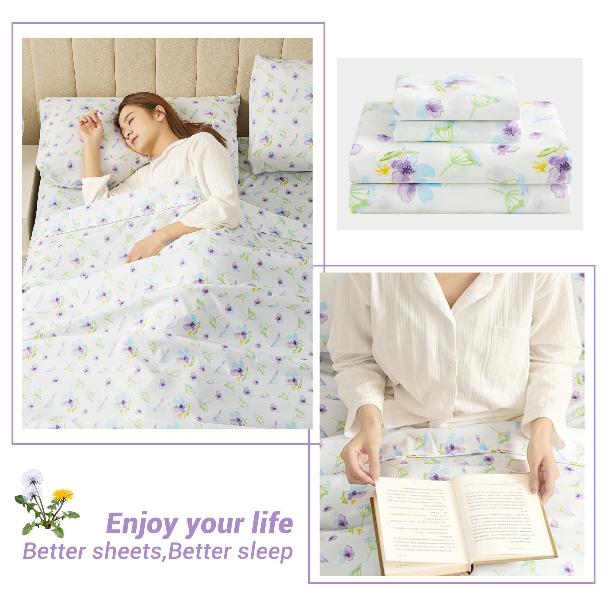 4 Piece Vintage Blue Dandelion Patterned Bed Sheets Set