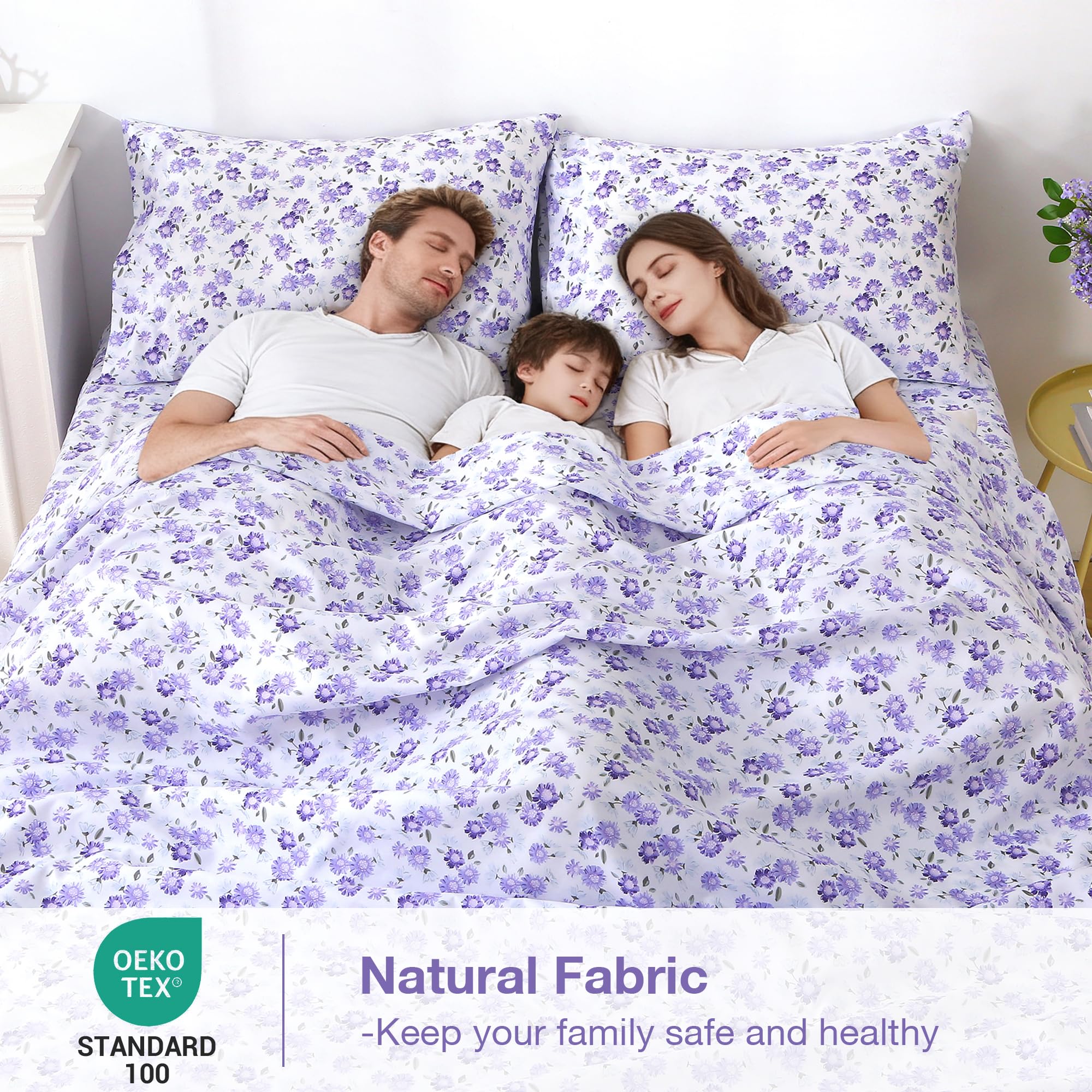 4 Piece Vintage Purple and White Flower Patterned Bed Sheets Set