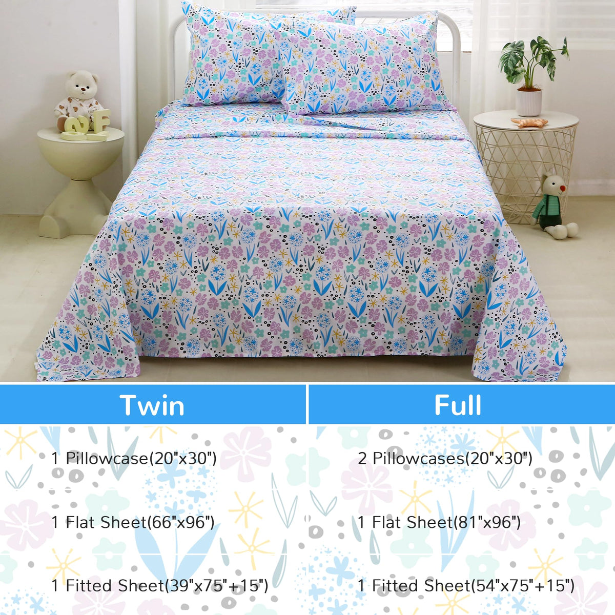 Purple Colorful Flower Kids Bed Sheet Set Deep Pocket Double Brushed Microfiber