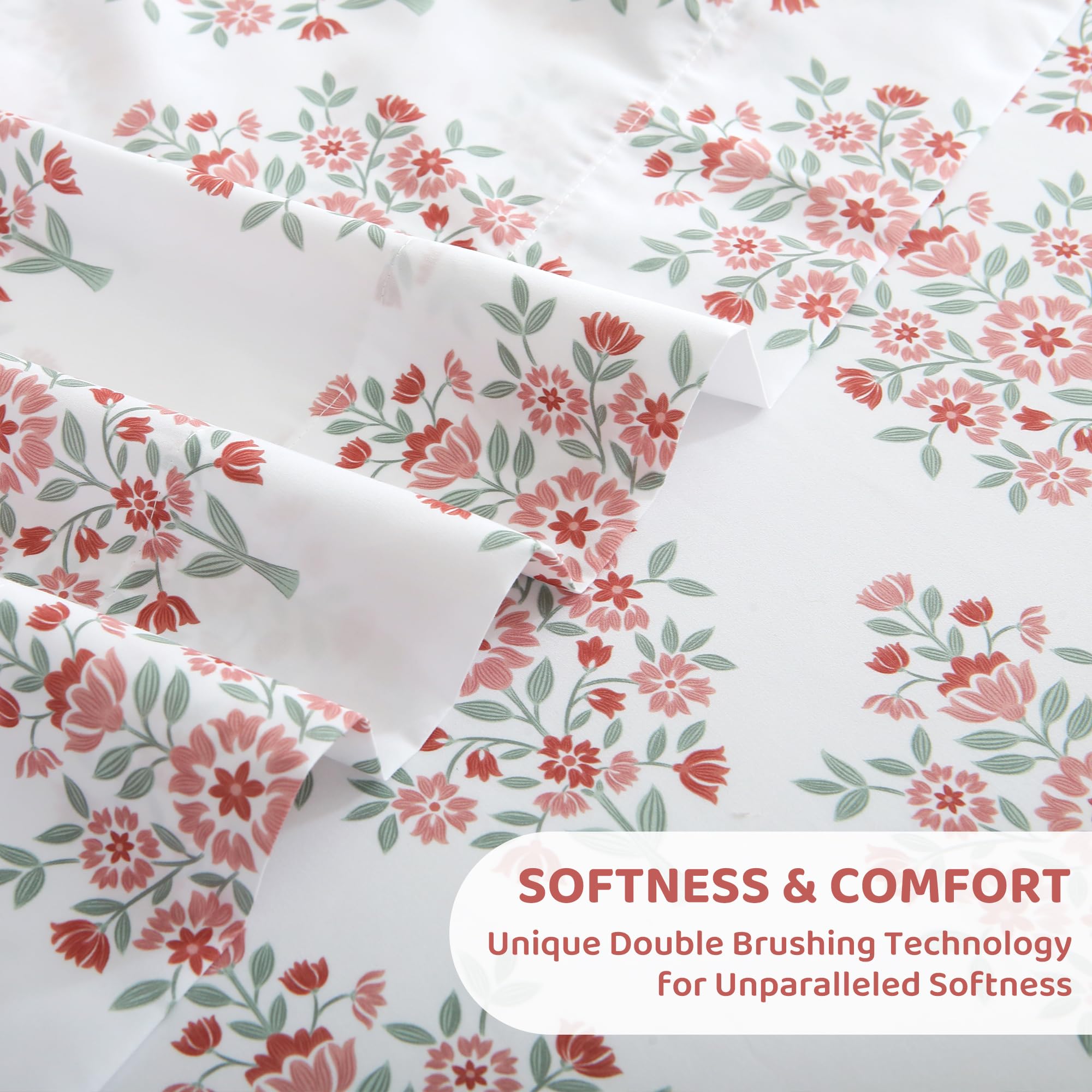 4 Piece Clusters of Red Flowers Green Leaves Patterned Bed Sheets Set