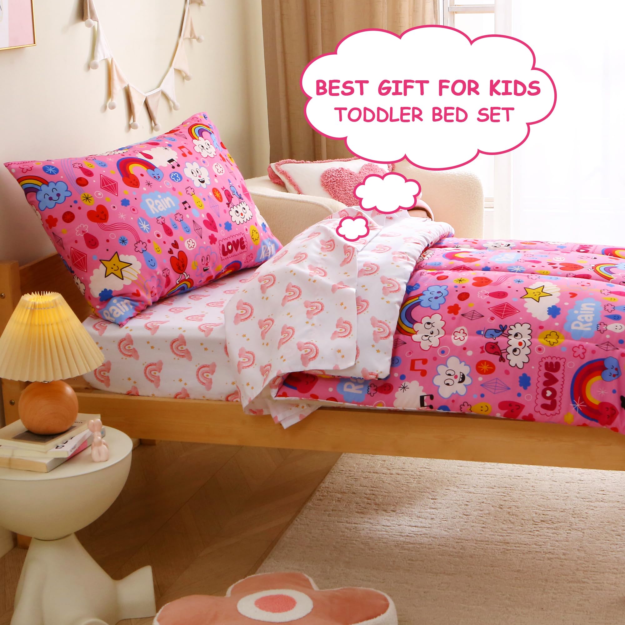 Pink Rainbow Cloud Toddler Comforter Set– 4 Piece