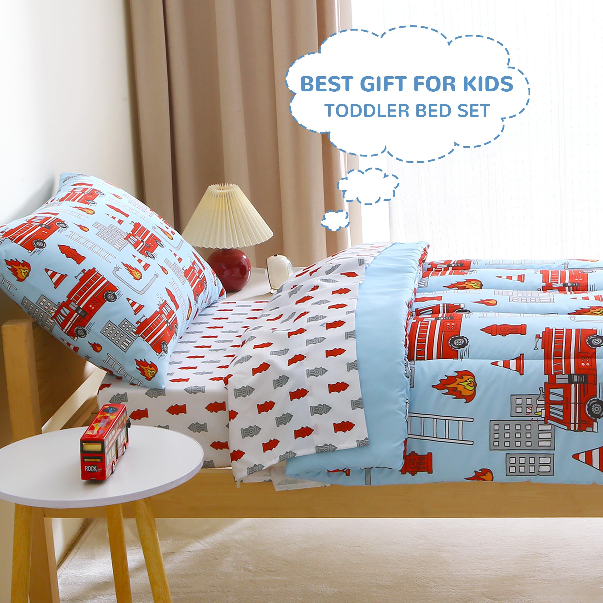 Blue Fire Truck Toddler Comforter Set– 4 Piece