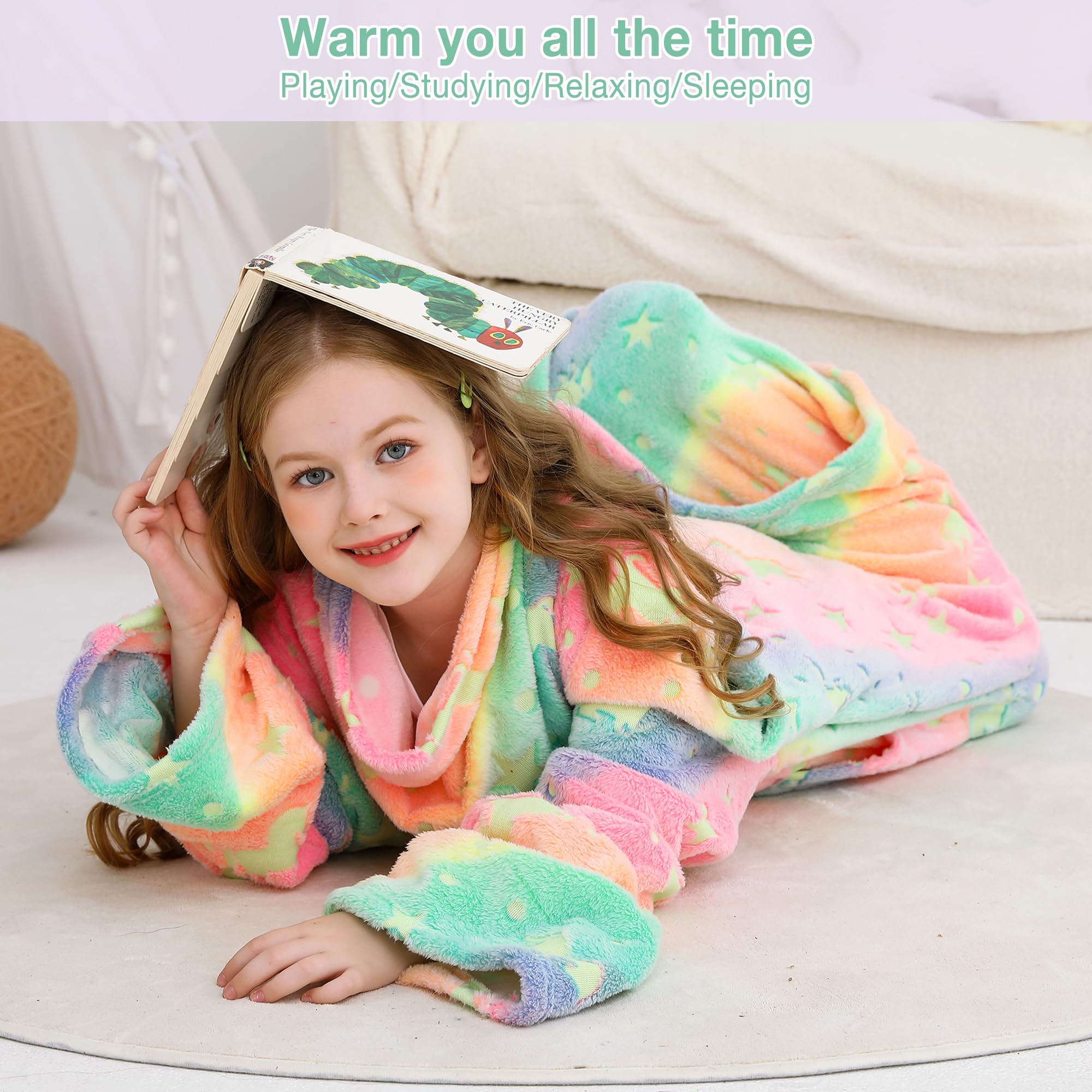 Colorful Unicorn Kids Wearable Fleece Blanket with Sleeves & Foot Pocket