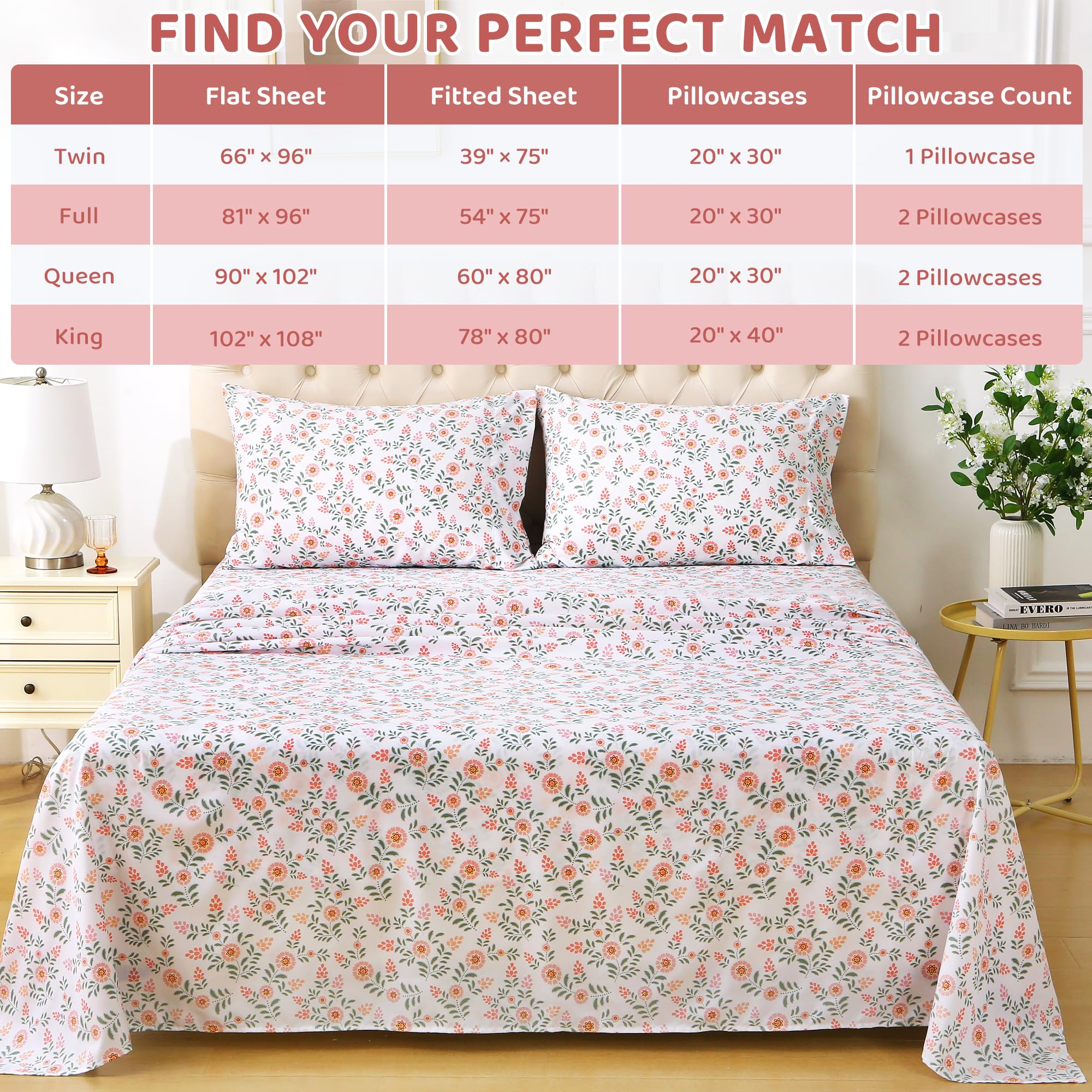 4 Piece Pink Round Flowers Green Leaves Patterned Bed Sheets Set