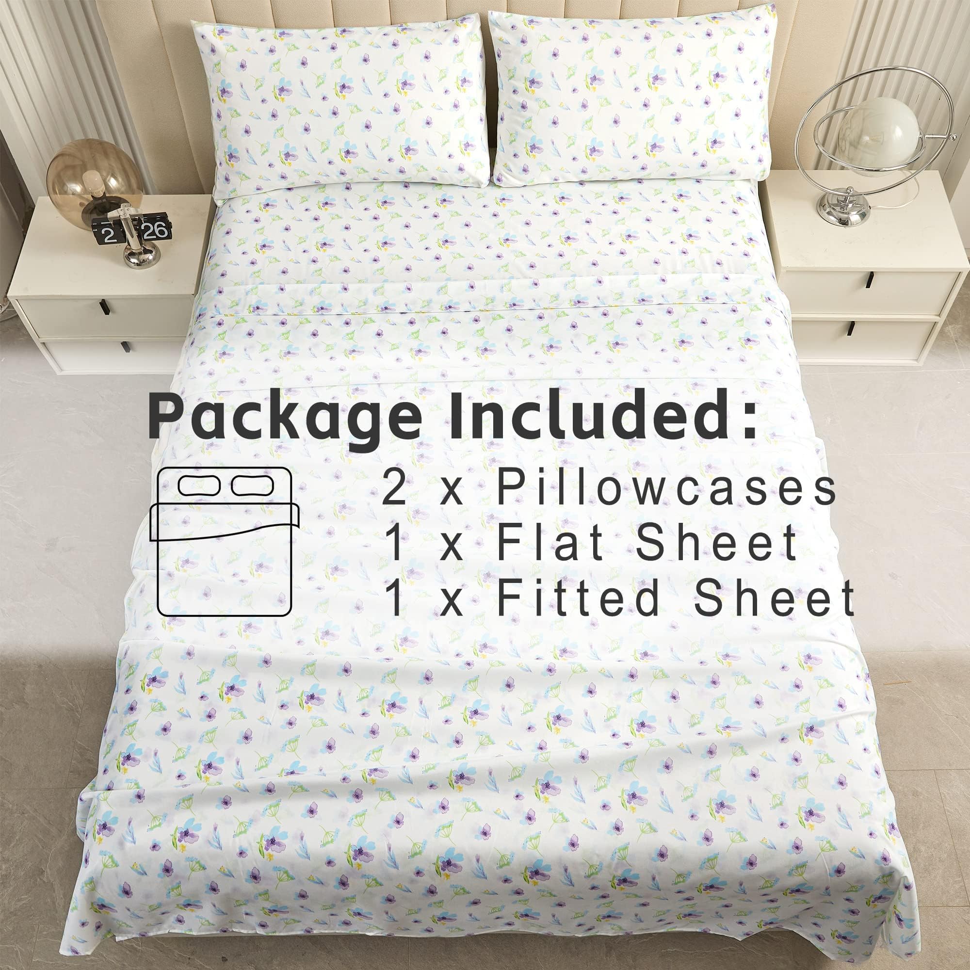 4 Piece Vintage Blue Dandelion Patterned Bed Sheets Set