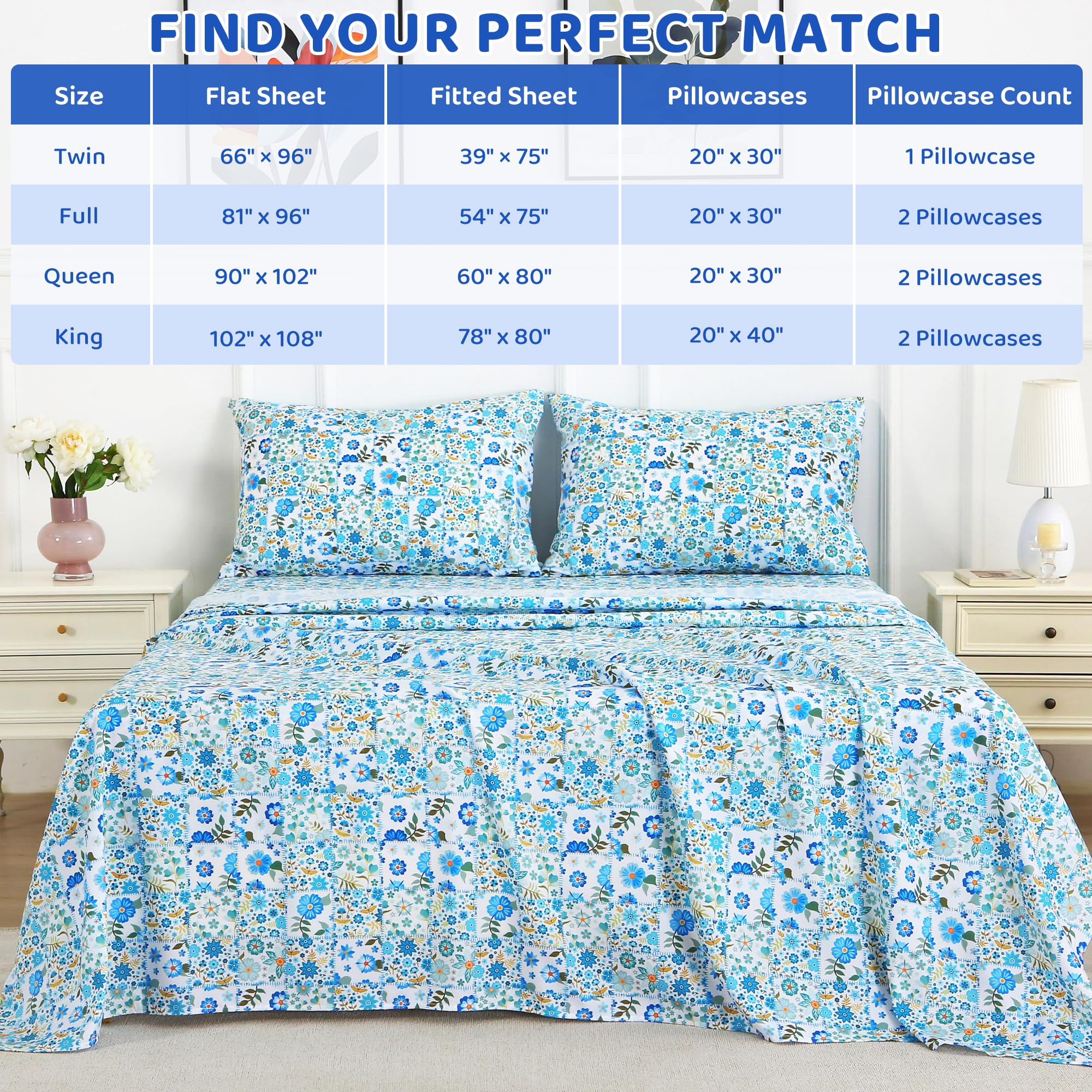 Blue Green Floral Patchwork Patterned Bed Sheets Set