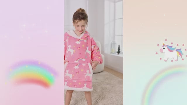 Load video: Unicorn Print Wearable Blanket Hoodie for Kids