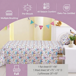 Castle Diamond Full size: flat sheet 81 x 96 inches; fitted sheet 54 x 75 inches with 15-inch pocket; 2 pillowcases 20 x 30 inches.