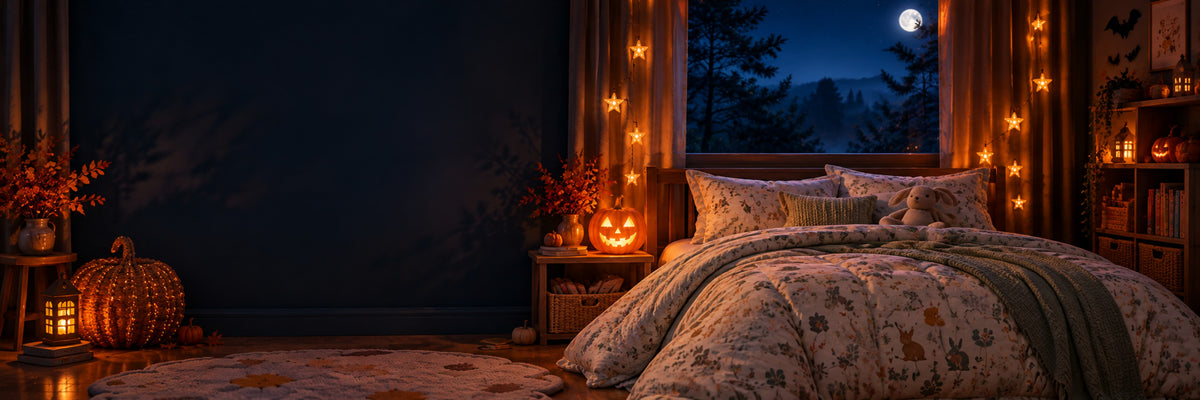 A moonlit bedroom with glowing pumpkins and star lights